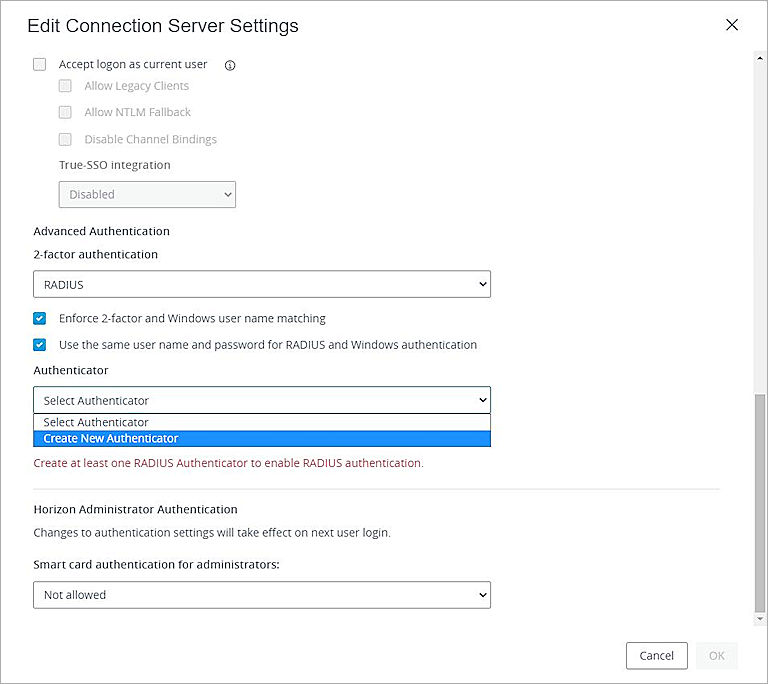 Screenshot of edit connection server settings for radius authentication page.